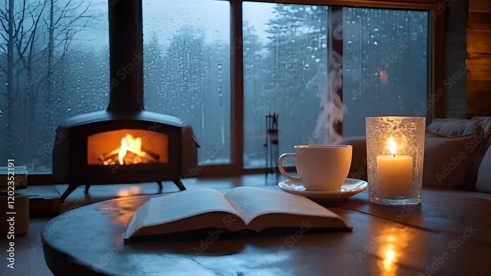 Serene Living Room with Rain-Speckled Window, Coffee, Open Book, Candlelight and Fireplace