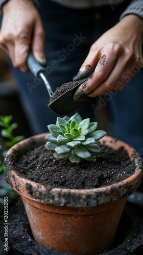 Gardening enthusiast planting young green sapling in terracotta pot surrounde...