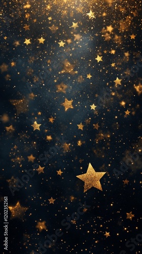 Golden sparkles fall in a cascade against a dark background creating a mesmer...