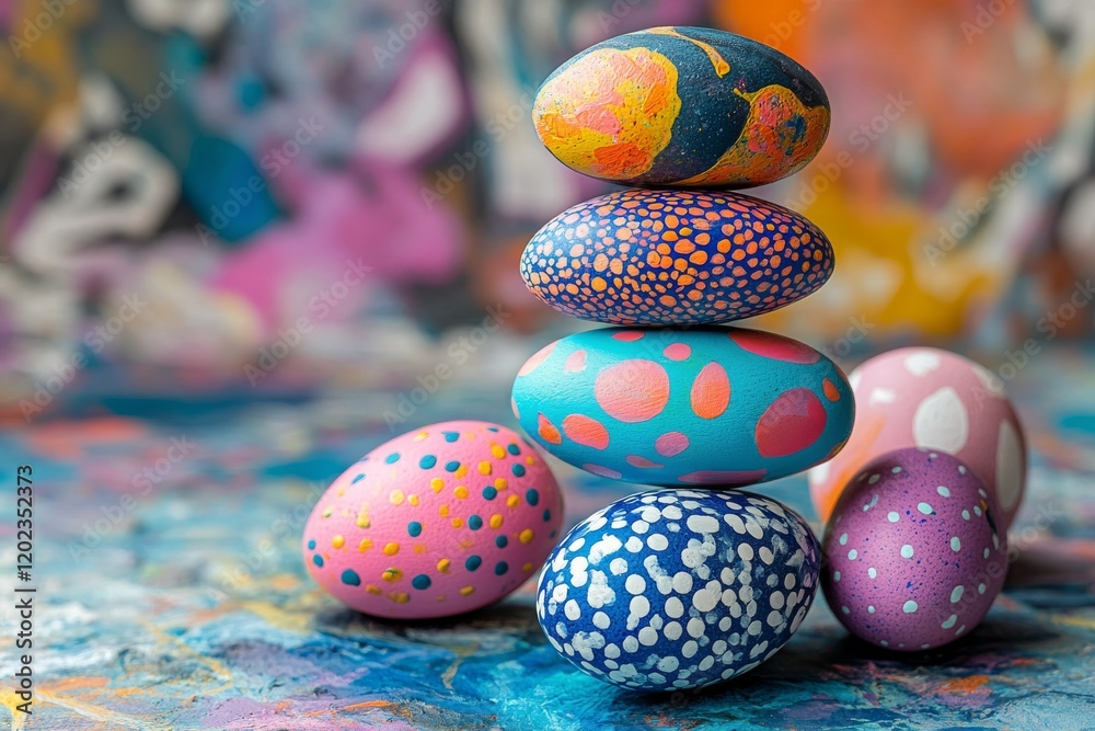 Fototapeta premium Colorful Easter eggs stacked creatively in an artistic arrangement during spring celebration