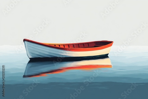 Soft morning light over a tranquil lake with a single boat drifting in the mist