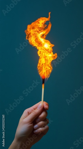 Hand holding lit matchstick against red background with flames rising and glo...