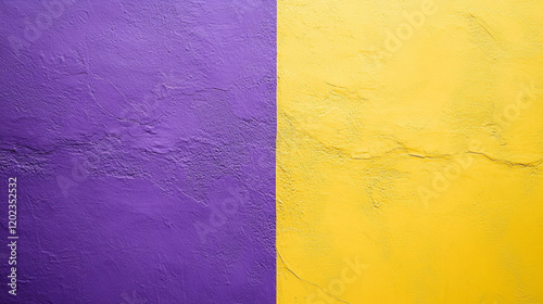 Vibrant purple and yellow wall with textured surface in urban setting
