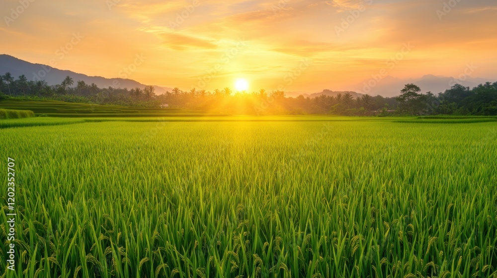 Rice field at sunset. Featuring a serene rice field during sunset. Highlighting the natural beauty and tranquility. Ideal for travel and landscape visuals. Rice field at sunset. Featuring a serene rice field during sunset. Highlighting the natural beauty and tranquility. Ideal for travel and landscape visuals.