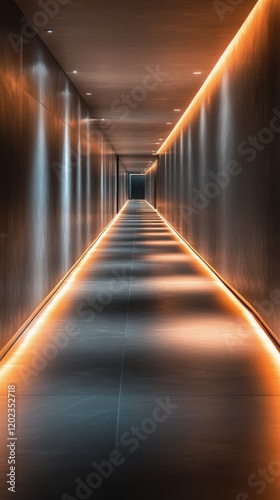 Modern hallway illuminated with warm lighting leading to an unknown destinati...