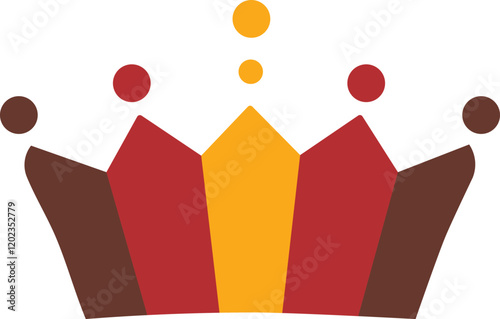 Modern geometric crown logo with red, orange, and brown tones, featuring circular elements for regal yet minimalistic design