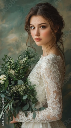 Portrait of a bride holding a lush bouquet with a serene expression in a soft...