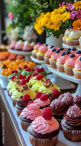 Colorful assortment of cupcakes and pastries on display in a vibrant bakery