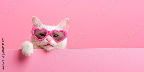 Photo of a happy, smiling cat wearing heart shaped sunglasses, peeking over the edge of a pink background with copy space. This could be used as a banner concept design for valentine´s , weeding or bi