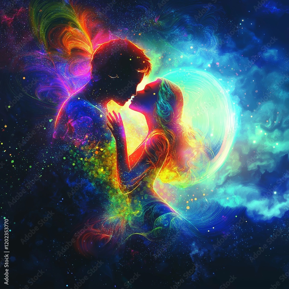 Two figures share a vibrant kiss surrounded by a cosmic backdrop of colors and stars Two figures share a vibrant kiss surrounded by a cosmic backdrop of colors and stars