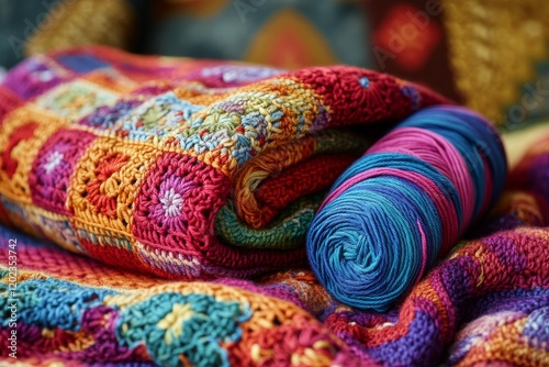 Vibrant textile featuring intricate crochet patterns and colorful yarn spools...