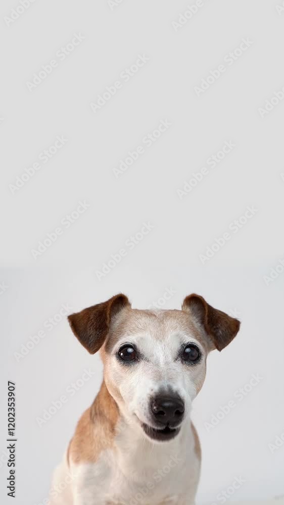Adorable dog Jack Russell terrier chewing treat and looking at camera. Licking waiting for more food. Vertical video slow motion footage studio shot Adorable dog Jack Russell terrier chewing treat and looking at camera. Licking waiting for more food. Vertical video slow motion footage studio shot