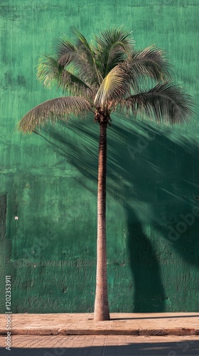 Sunlight casts a shadow of a palm tree against a vibrant green wall on a clea...