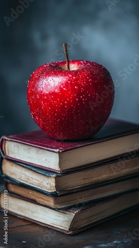 Bright red apple placed on a stack of vintage books in a dimly lit setting