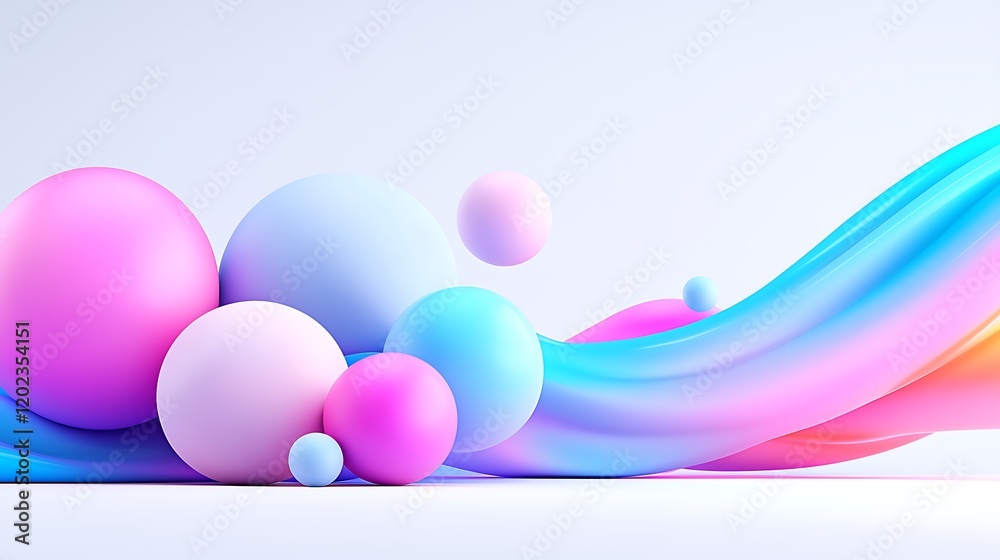 Abstract pastel spheres and wave. Colorful 3D render of glossy balls and flowing curve. Abstract pastel spheres and wave. Colorful 3D render of glossy balls and flowing curve.