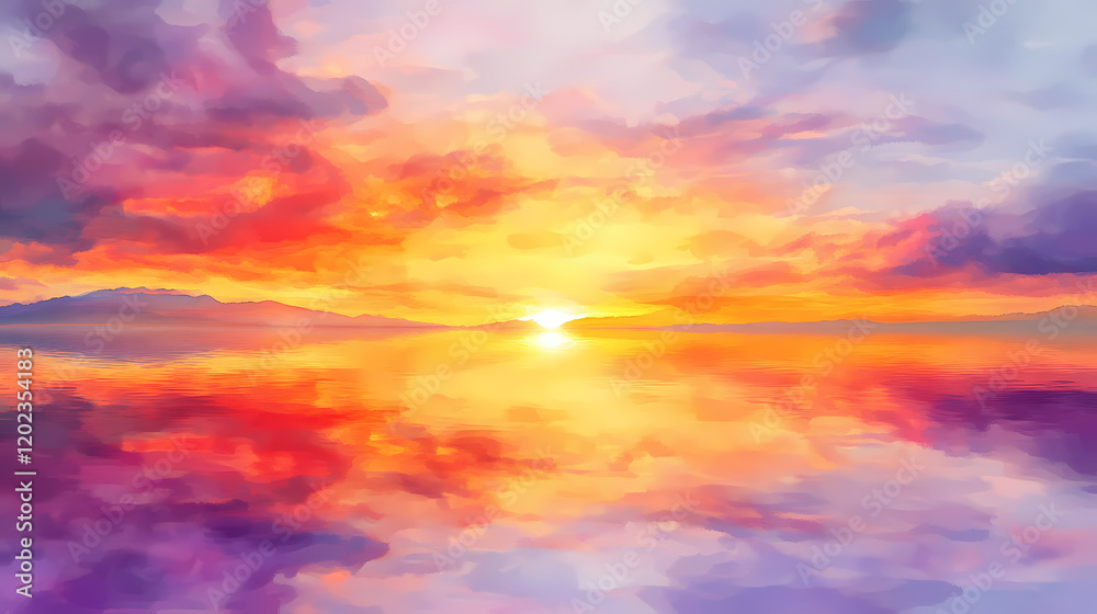 Fototapeta premium A watercolor painting of a sunset over a calm body of water, with vibrant orange, pink, and purple hues. Serene Sunset Reflection. Illustration