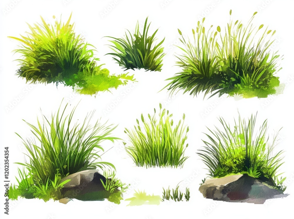 Fototapeta premium Hand-drawn watercolor green grass, isolated on a white background
