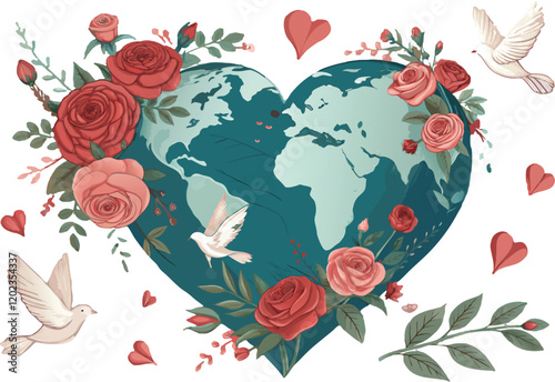 A heart-shaped globe wrapped in blooming roses and doves flying around, symbolizing love and peace.