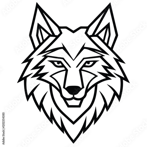 A bold and fierce wolf head in minimalist line art style, showcasing symmetry and sharp angles for a modern and powerful look.