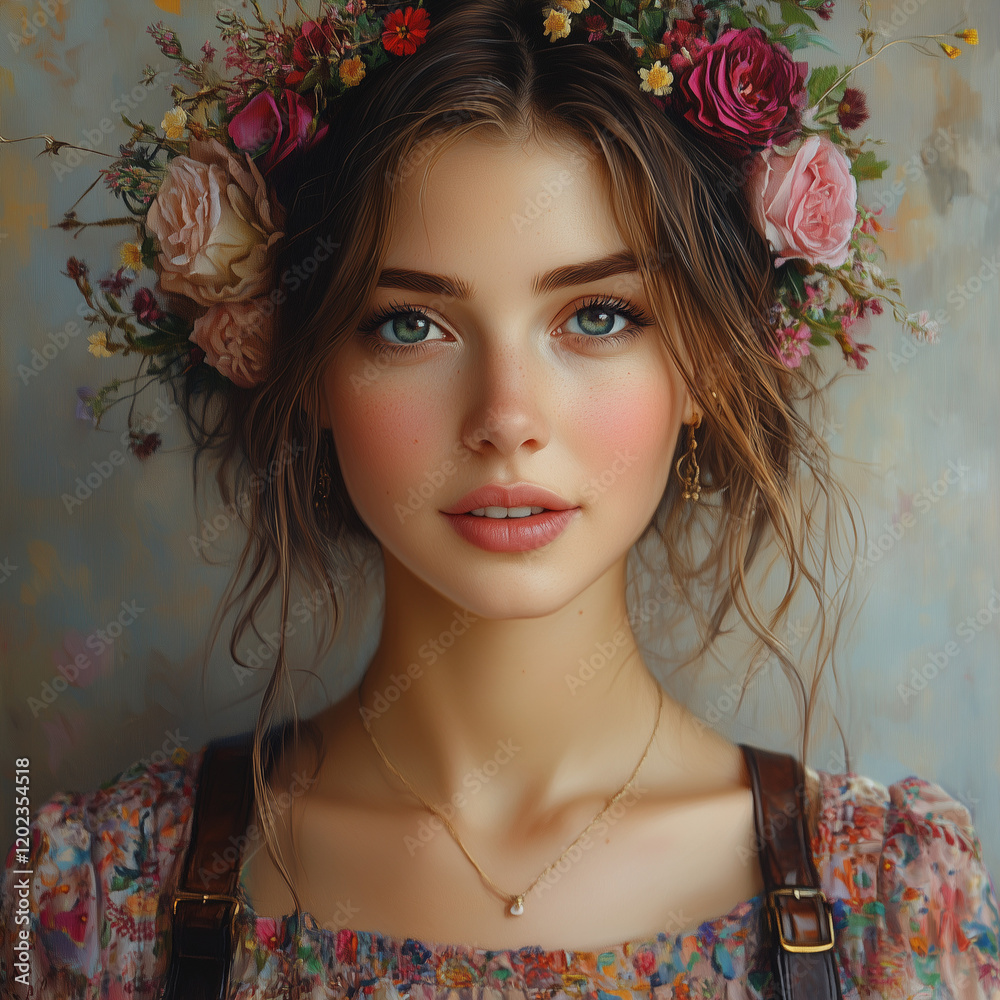 Naklejka premium Woman smiling with flower crown against textured background