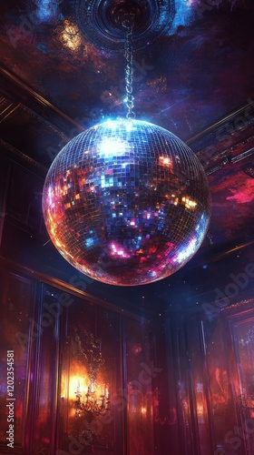 Colorful disco ball hanging with reflections and a vibrant backdrop at a fest...
