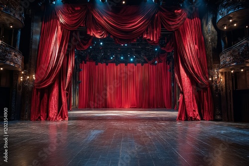 Stage with red curtain in a dimly lit theater before a performance begins