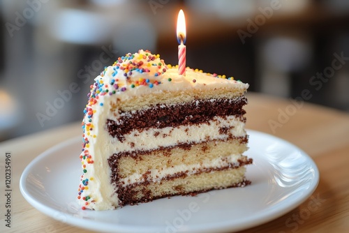 Delicious layered cake with a lit candle and colorful sprinkles on a white plate