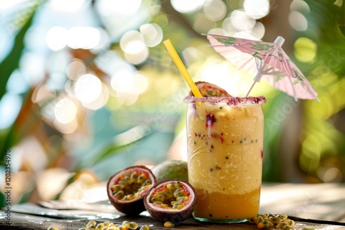 Tropical smoothie with coconut and passion fruit on a sunny day photo