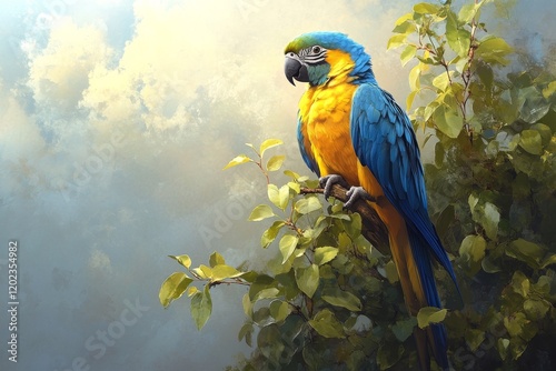 Bright blue and yellow parrot perched on a branch in a lush green setting wit...