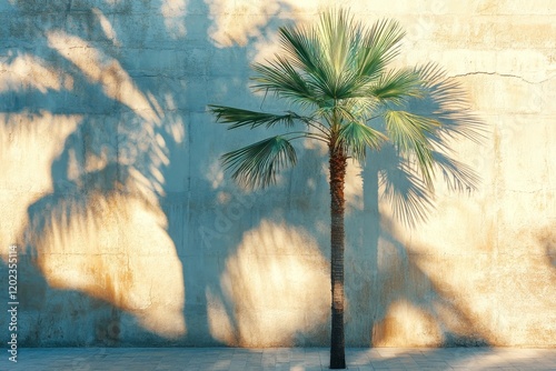 Palm tree casts intricate shadows against a textured wall during daylight