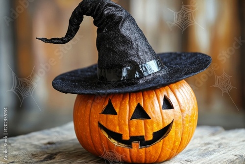 Pumpkin with witch hat placed on garden soil near plants during autumn season