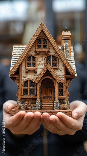 Wooden model house held by a person showcasing craftsmanship and attention to...