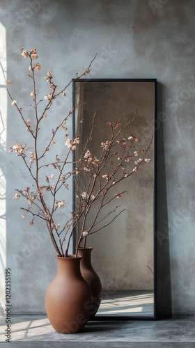 Elegant vase with branches reflecting in mirror by a sunlit window indoors