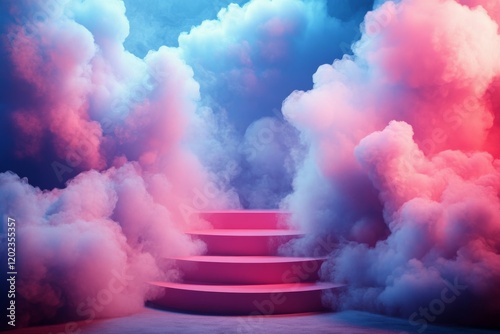 Colorful smoke surrounds a circular platform in a vibrant display at a creati...