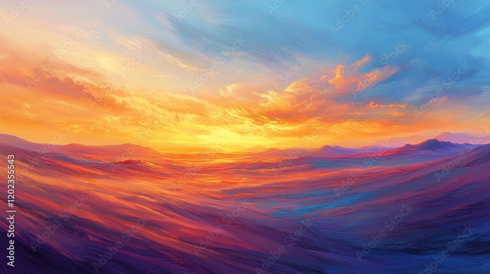 Abstract digital painting of a colorful sunset over rolling hills with brushstrokes in warm and cool tones Abstract digital painting of a colorful sunset over rolling hills with brushstrokes in warm and cool tones