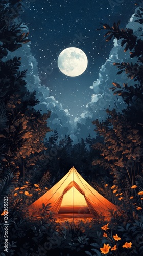 Night campsite under the full moon in a serene forest setting with stars illu...
