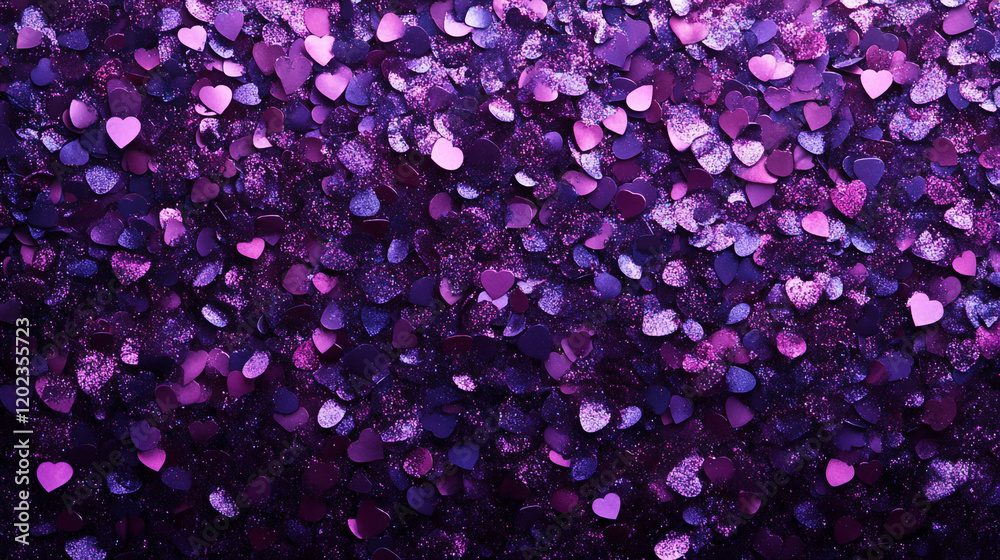Fototapeta premium Colorful purple heart confetti scattered across a surface for a festive celebration