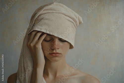 Figure with towel head wrap posing against a textured background in soft light