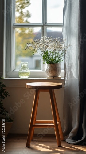 Cozy corner with a wooden stool and a potted plant near the window in soft su...