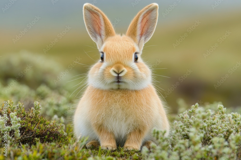 Fototapeta premium Cute rabbit sitting in vibrant green grass during golden hour in a serene environment