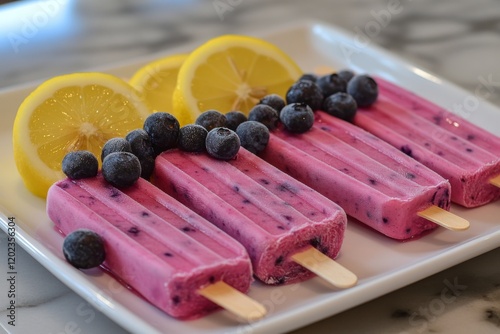 Colorful fruit-flavored frozen treats arranged on a platter with fresh bluebe...