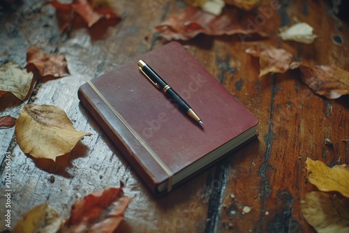 Brown notebook and pen resting on wooden table surrounded by colorful autumn ...