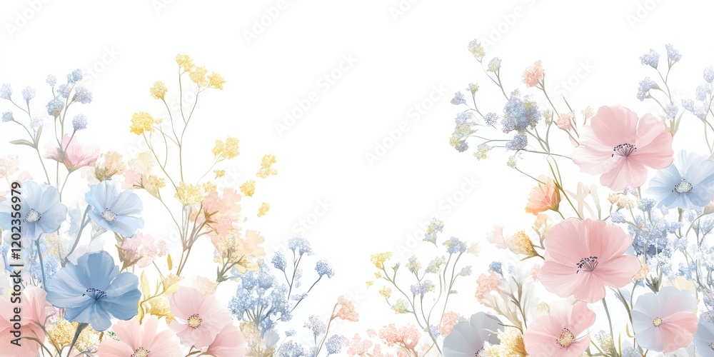 Delicate pastel floral arrangement with blue and pink flowers on white background