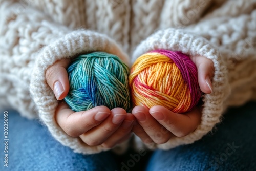 Soft yarn balls held in cozy hands, showcasing vibrant colors and textures in...