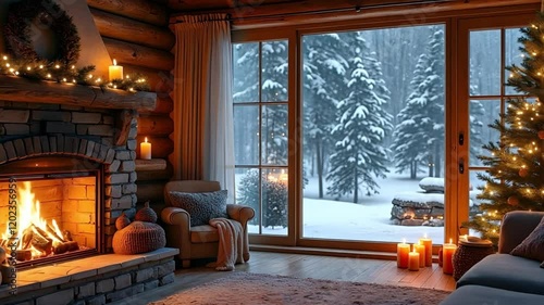 Cozy Cabin Interior with Fireplace, Christmas Tree, and Snow View