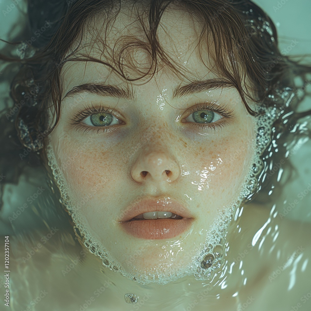 Close-up of a person underwater with bubbles reflecting light during a serene moment in a clear pool. Generative AI Close-up of a person underwater with bubbles reflecting light during a serene moment in a clear pool. Generative AI