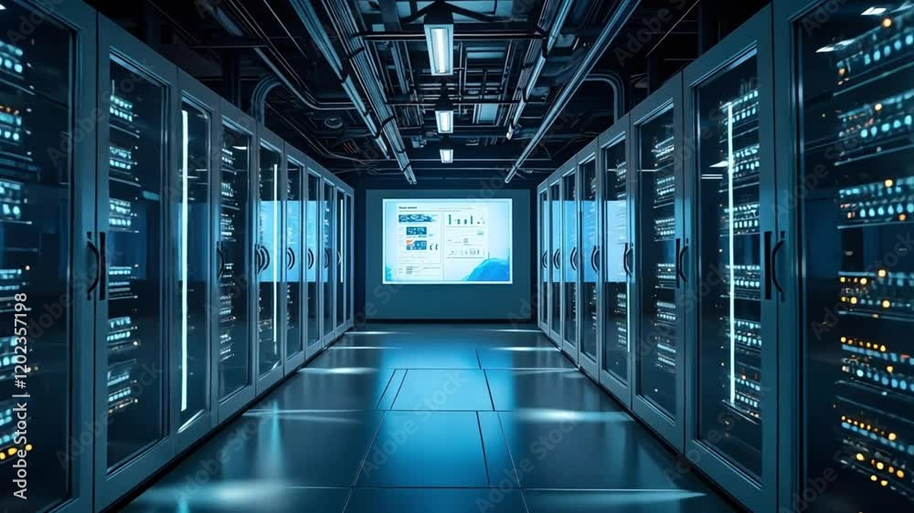 Server Room with Data Display and Racks