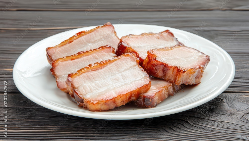 Mouthwatering Grilled Pork Belly On White Plate Mouthwatering Grilled Pork Belly On White Plate