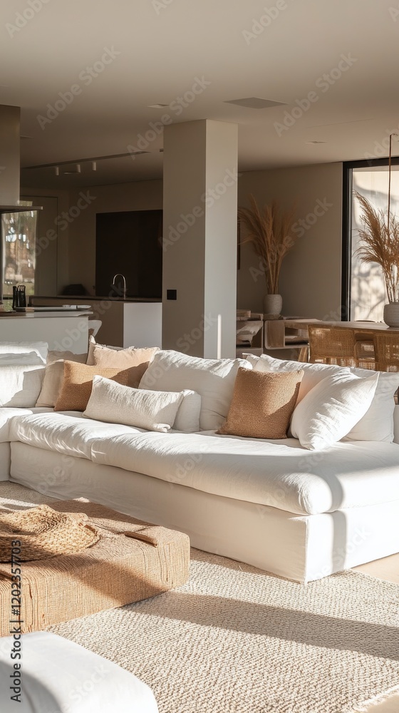 Fototapeta premium Cozy and modern living room with white sofa and natural decor in a bright space