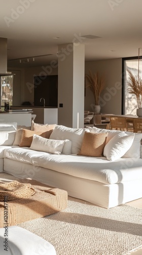 Cozy and modern living room with white sofa and natural decor in a bright space
